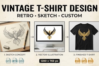 design vintage retro t shirt design and sketch illustration