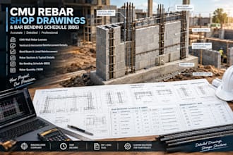 create cmu wall rebar shop drawings and bar bending schedule