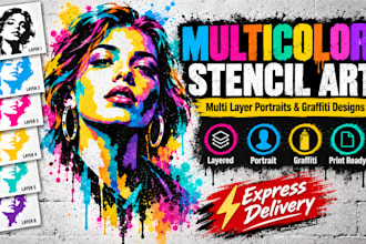 design multi layer, layered, multicolor portrait, and graffiti stencil art