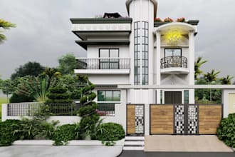 build3d classic modern duplex,front elevation,roof terrace garden,balcony render