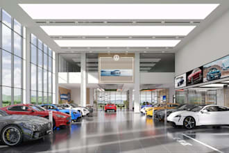 design 3d motorcycle showroom, car dealership interior, 3d automotive garage