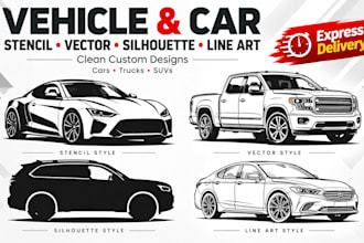 create vehicle and car stencil, vector, silhouette, and line art designs