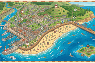 design waterfront map, boardwalk map, beach guide and coastal location map