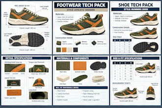 create shoe tech pack, sneakers, boots loafers heels footwear cad sole pattern f