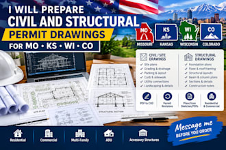 prepare civil and structural permit drawings for mo ks wi co