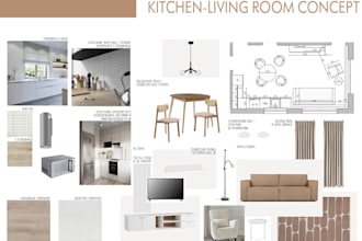 help interior designer with mood board, functional kitchen dining living room