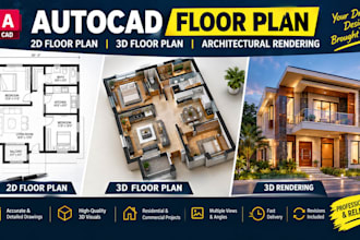 do autocad 2d floor plan, 3d floor plan design, architectural rendering