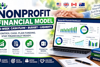 build nonprofit financial model, 13 week cash flow, budget, liquidity forecast