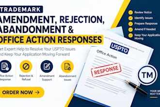handle trademark amendment, rejection abandonment and office action responses