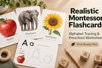 illustrate realistic montessori flashcards alphabet tracing and preschool book