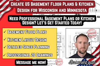 create US basement floor plans and kitchen design for wisconsin and minnesota