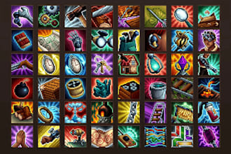 create pixel art game assets, items and icons, pixel item and weapon icons