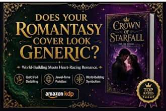 design a romantasy or fantasy romance book cover with foil detailing