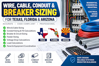 provide wire, cable, conduit and breaker sizing for texas, florida and arizona