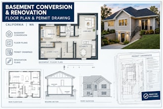 do basement conversion, renovation, floor plan and permit drawings california wa