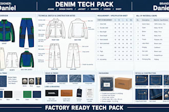 create jeans denim pants jacket shorts cargo shirt tech pack cad manufacturing
