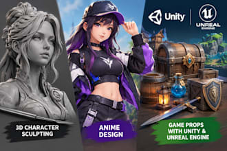 do 3d character sculpting, anime design, game props with unity and unreal engine