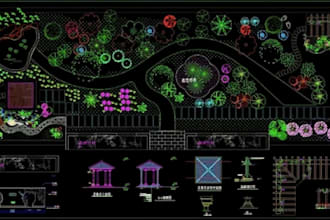 draw a detailed 2d landscape plan, site plan and garden layout in autocad