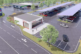 visualize 3d station vehicle charging station ,supermarket render, car services
