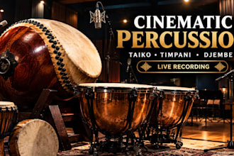 record cinematic taiko, timpani, djembe and world percussion