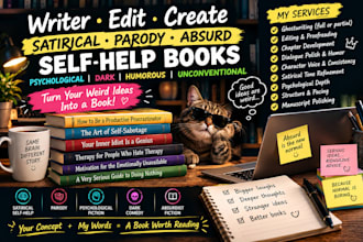 writer edit satirical  parody self help absurd dialogue dark psychological books