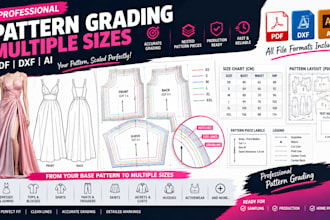 sewing pattern, size grading into multiple sizes PDF dxf ai for manufacturing