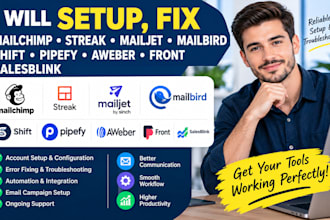 setup,fix mailchimp streak mailjet mailbird shift pipefy aweber front salesblink