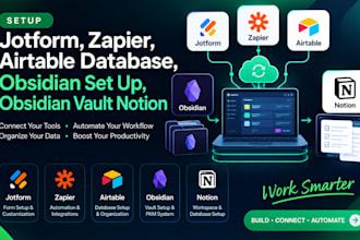 setup jotform, zapier, airtable database, obsidian set up, obsidian vault notion