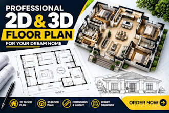 draw professional 2d floor plan 3d floor plan design for house, permit drawing