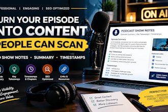 write SEO podcast show notes, summaries and timestamps for business podcasts