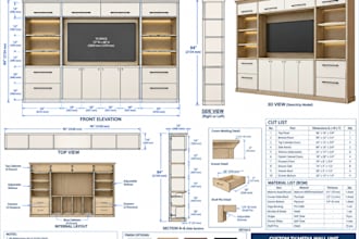 do detailed shop drawing for TV media wall, shelf, woodworking plan in sketchup