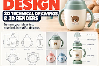create baby products design with 2d drawings and 3d renders,