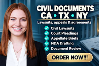be civil lawyer in california, texas, ny and write lawsuits, appeals, pleadings