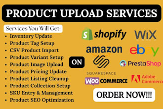do product upload on shopify, amazon, wix product listing ebay listing