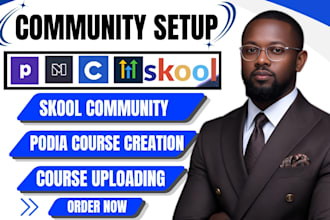 setup skool community, podia course creation, skool website and course uploading