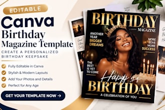 design birthday magazine canva template, editable canva vogue magazine cover