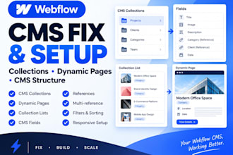 fix or set up webflow cms collections, dynamic pages and cms structure