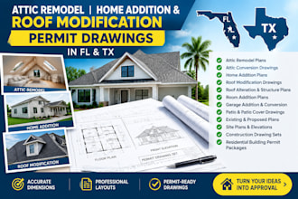 do attic remodel, home addition, roof modification permit drawing set in fl tx