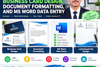 do professional business card design, document formatting, and ms word data entr