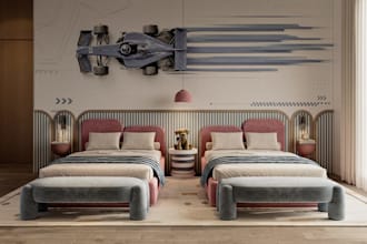 design kids bedroom, shared bedroom, infant play zone, children interior render