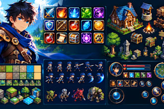 create 2d game art, rpg icons, fantasy props, tilesets, and game UI assets