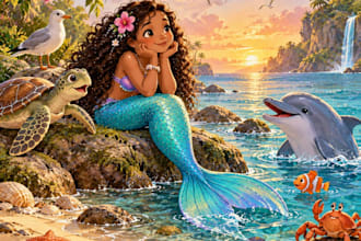 create mermaid adventure illustrations for childrens books
