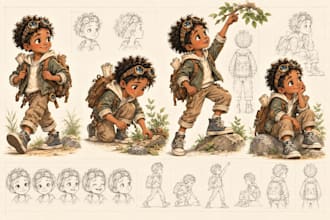 create childrens book character pose and expression sheets