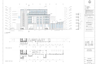 produce 2d drawing floor plan, east elevation for hotel, school academic layout