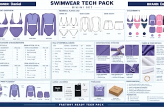 create bikini swimsuit rash guard beachwear tech pack flatsketch cad manufacture