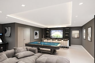 enhance home game lounge indoor, 3d basement entertainment room, home bar design