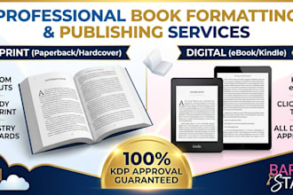 book formatting, paperback kindle ebook formatting and book publishing