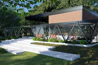 model 3d forest restaurant, small facade villa render, exterior landscape design
