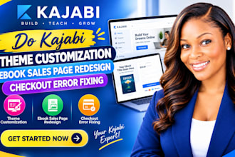 do kajabi theme customization, ebook sales page redesign, checkout error fixing