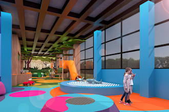 modernize 3d indoor playground, kids play cafe, nursery space layout cgi render